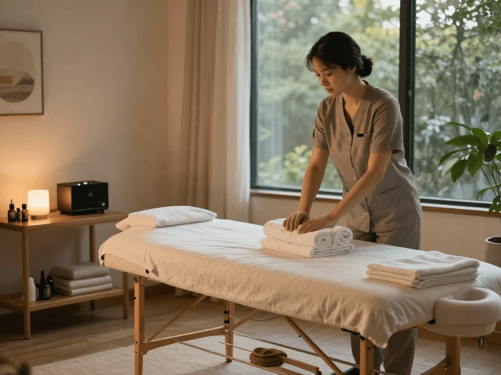 Enjoying a relaxing 도봉출장마사지 in a serene home setting with soothing ambiance.
