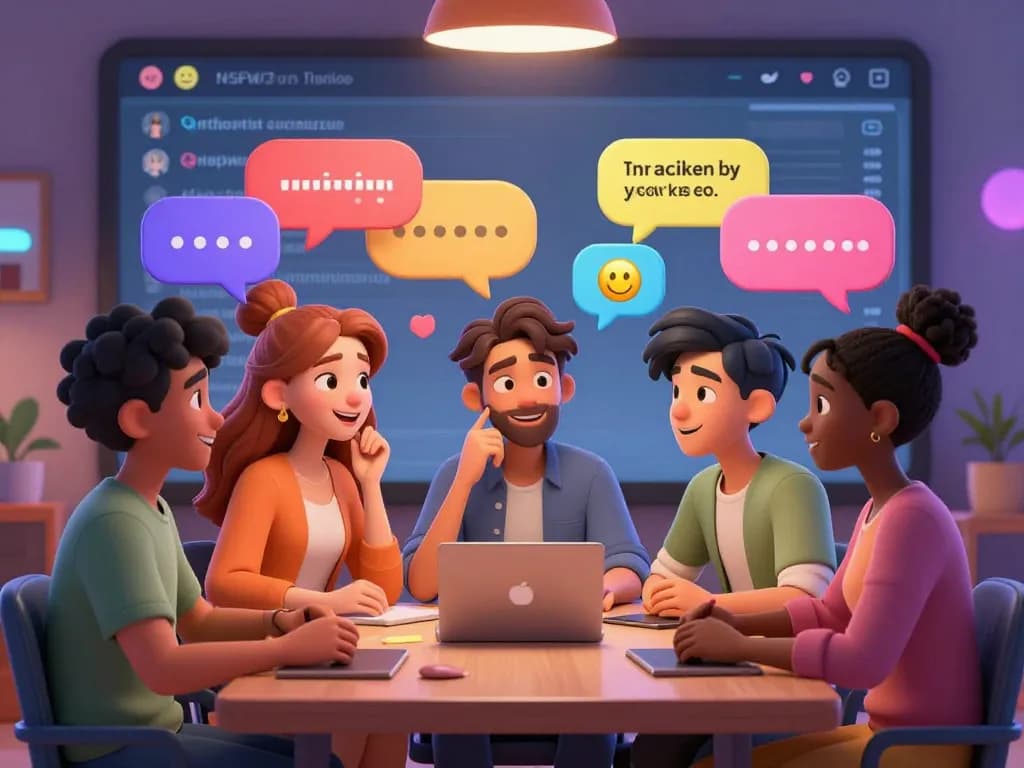 AI chat nsfw characters interacting in a lively digital chat room.