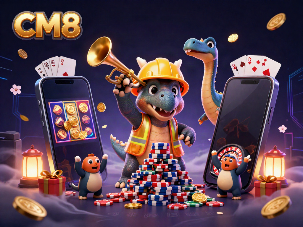 Engage with CM8’s exciting gaming scene featuring a triceratops building poker chips amidst vibrant elements.