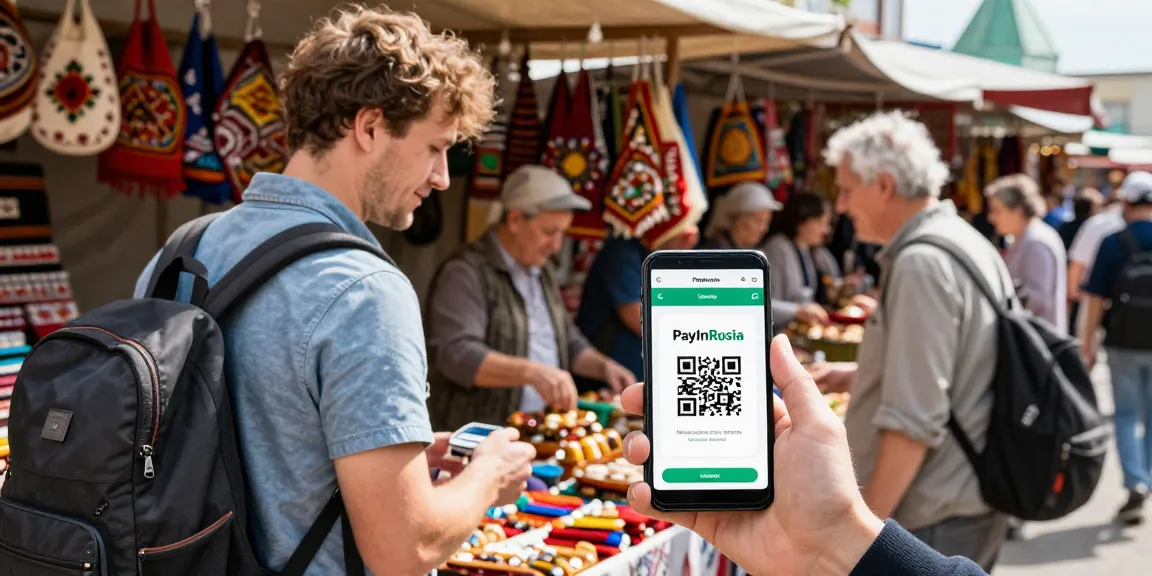 Pembayaran mudah menggunakan aplikasi https://payinrussia.com/ di pasar di Rusia yang meriah.
