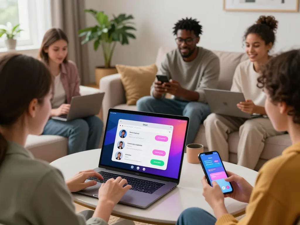 Diverse individuals engaging in AI sex chat on devices in a cozy setting, showcasing the interactive nature of virtual conversations.