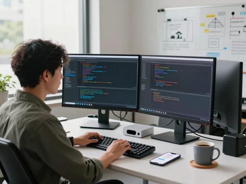 Developer setting up Clawdbot AI on a Mac mini in a modern tech workspace, showcasing code and integration.