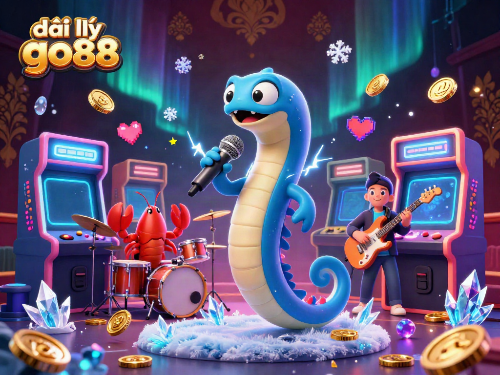 Engage with the dynamic underwater casino stage featuring đại lý go88 with electric eel DJ surrounded by gaming elements.