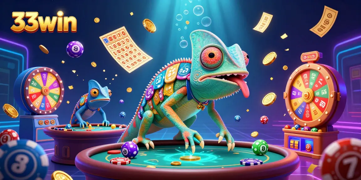 33win offers an exciting casino atmosphere with a vibrant chameleon owner, thrilling games, and colorful elements.