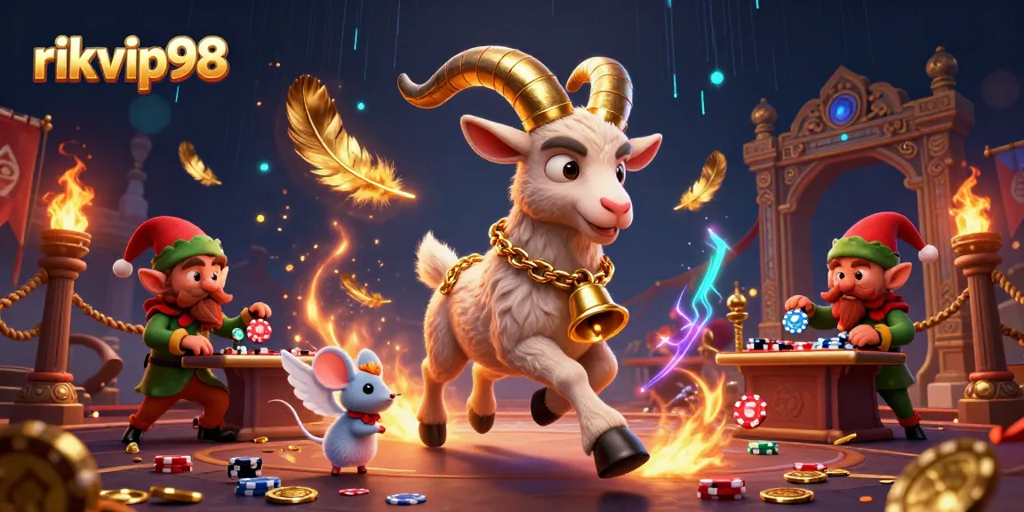 Engage with thrilling games at rikvip98 as Krampus oversees chaos in a lively casino scene.