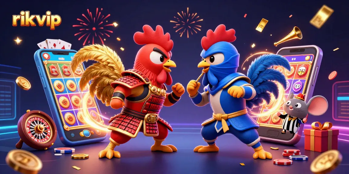 Engage in the exciting world of rik vip with dynamic roosters in battle amidst casino elements.