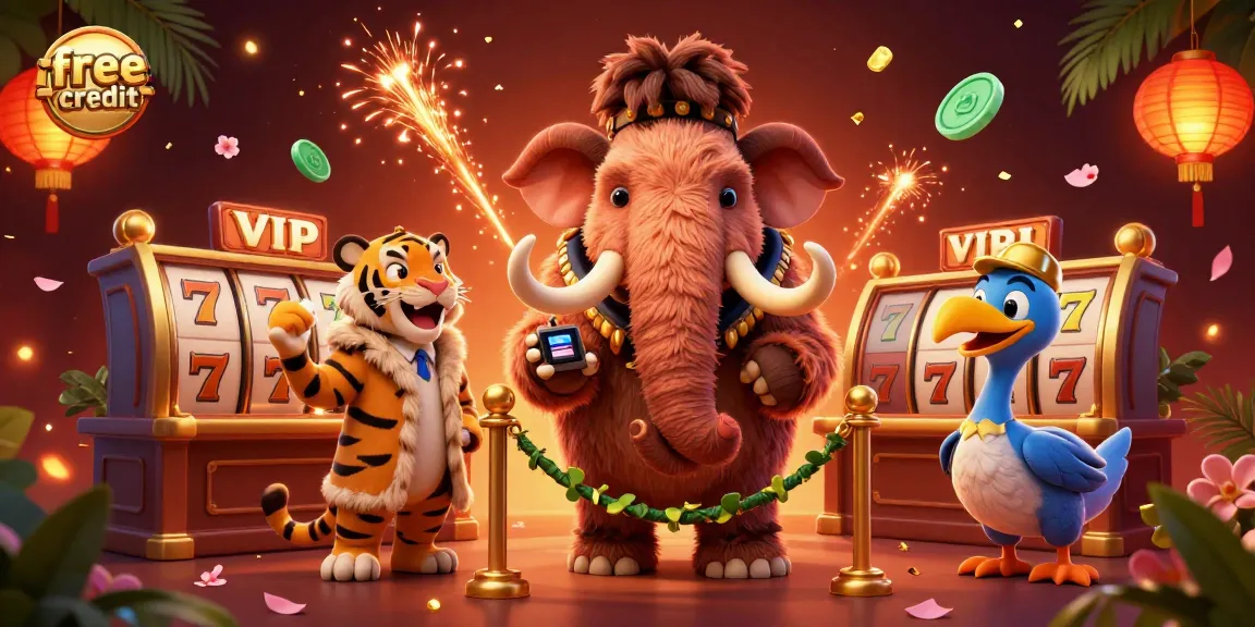 Claim free credit at the online casino with a colorful scene featuring a VIP bouncer and festive elements.