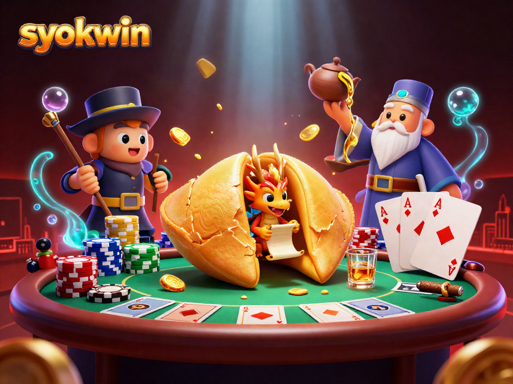 Engage with syokwin at the lively casino scene, showcasing golden fortune cookie characters and poker action.