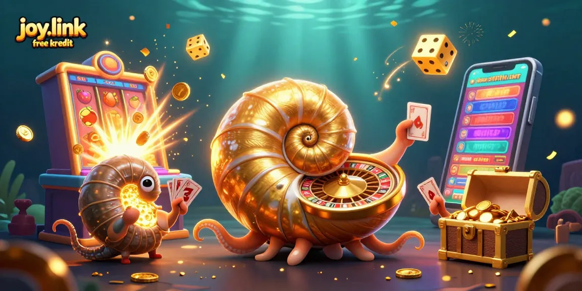 Engage with joy.link free kredit in a vibrant 3D casino scene featuring dynamic games and golden treasures.