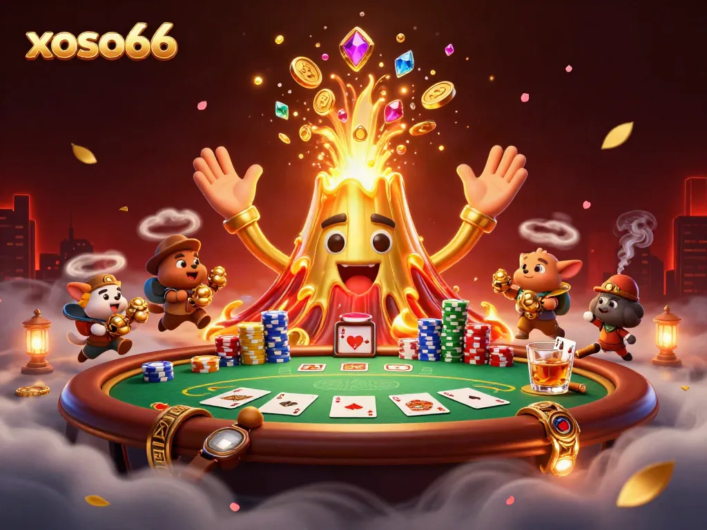 Experience thrilling moments at xoso66's online casino with coins, poker elements, and dynamic characters.