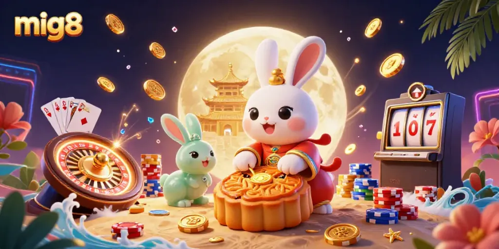 Experience thrilling casino action with mig8 featuring playful moon rabbits and poker elements.