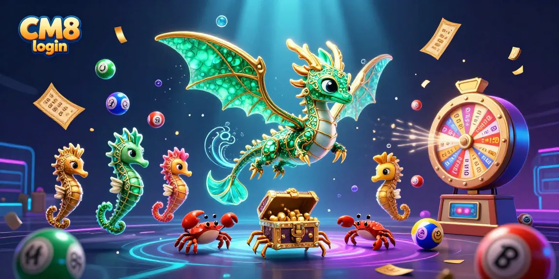 Experience the thrill of CM8 login with vibrant casino elements and eye-catching characters.