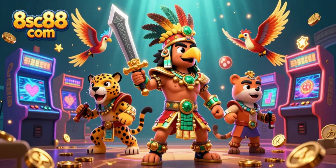 Experience excitement with the vibrant scene from 8sc88 com showcasing Aztec warriors, jade armor, and colorful casino elements.