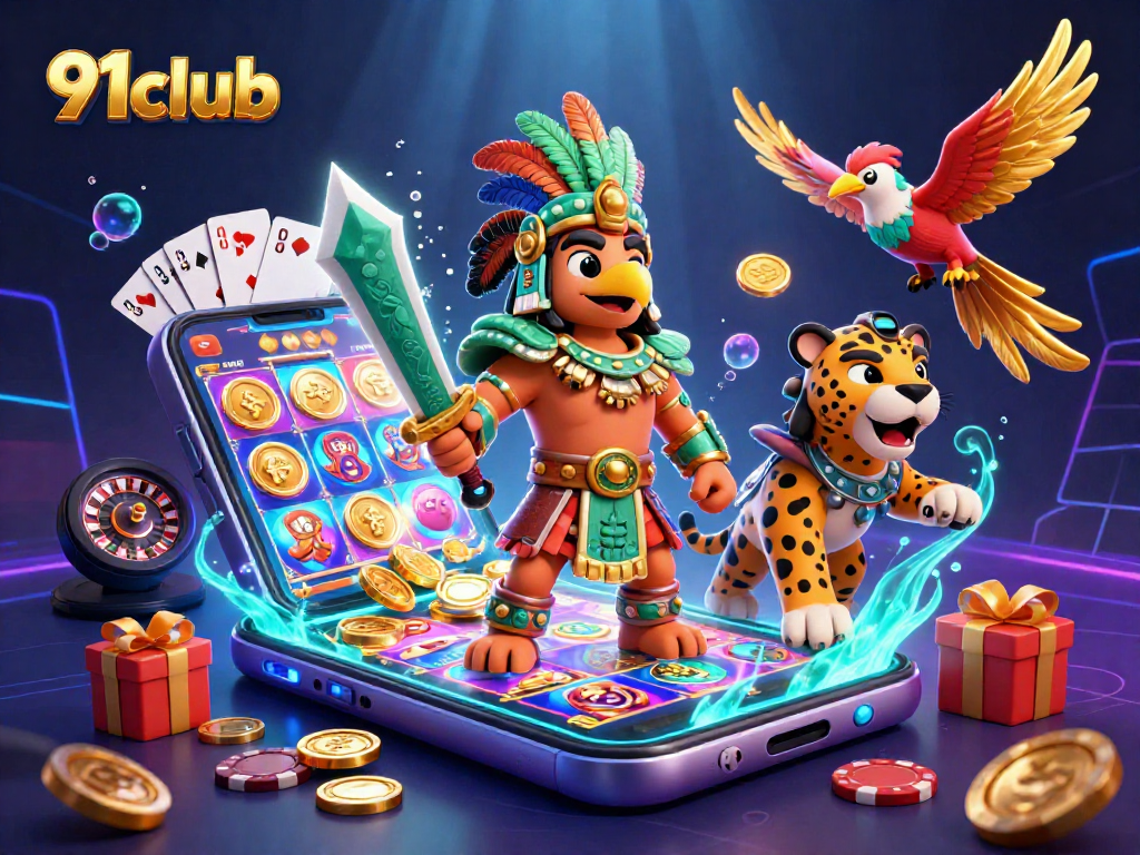Engage in thrilling 91club gaming with an Aztec warrior and dynamic casino elements.