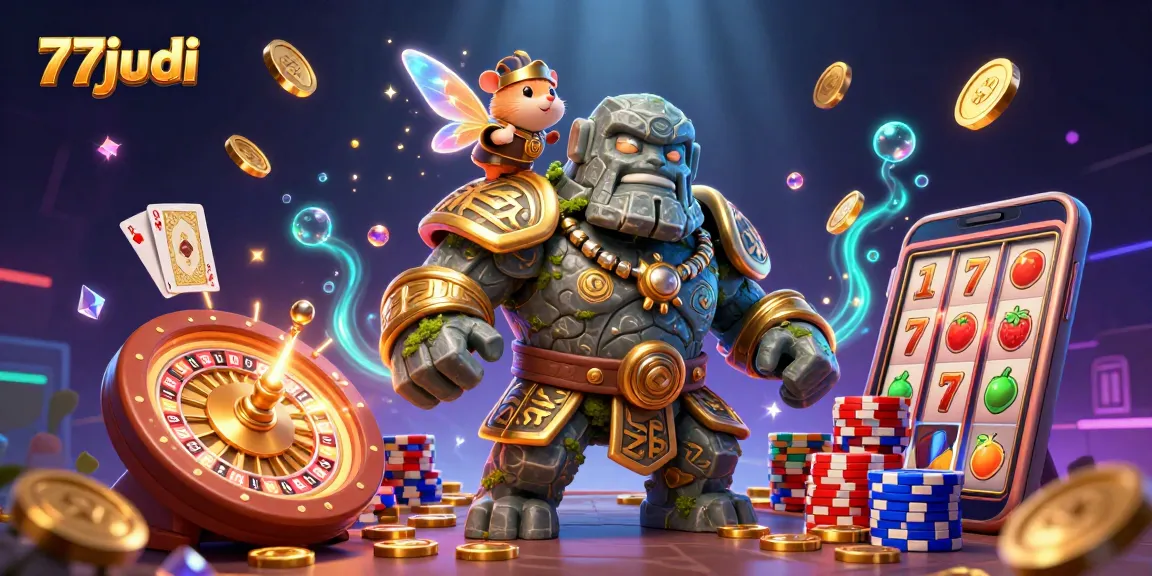 Win big at 77judi with thrilling games featuring cascading coins and vibrant slot reels.
