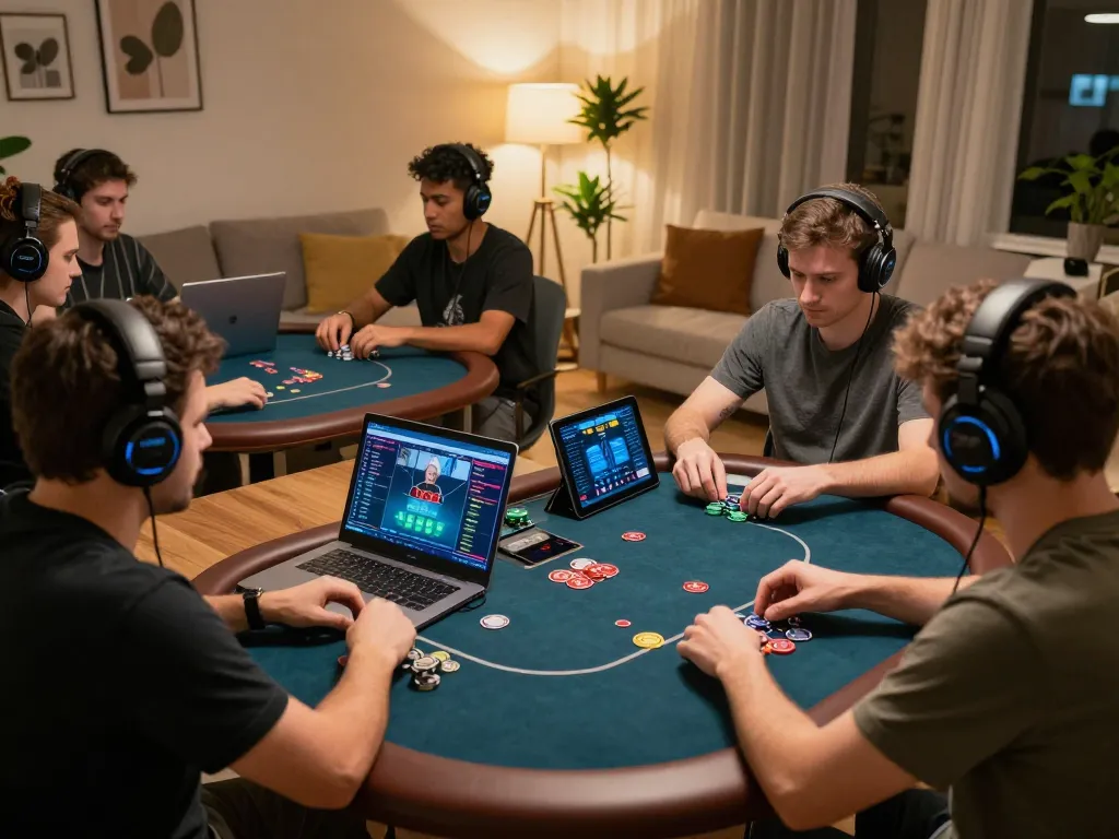 CM88 players strategizing during an exciting online poker game in a cozy home setting