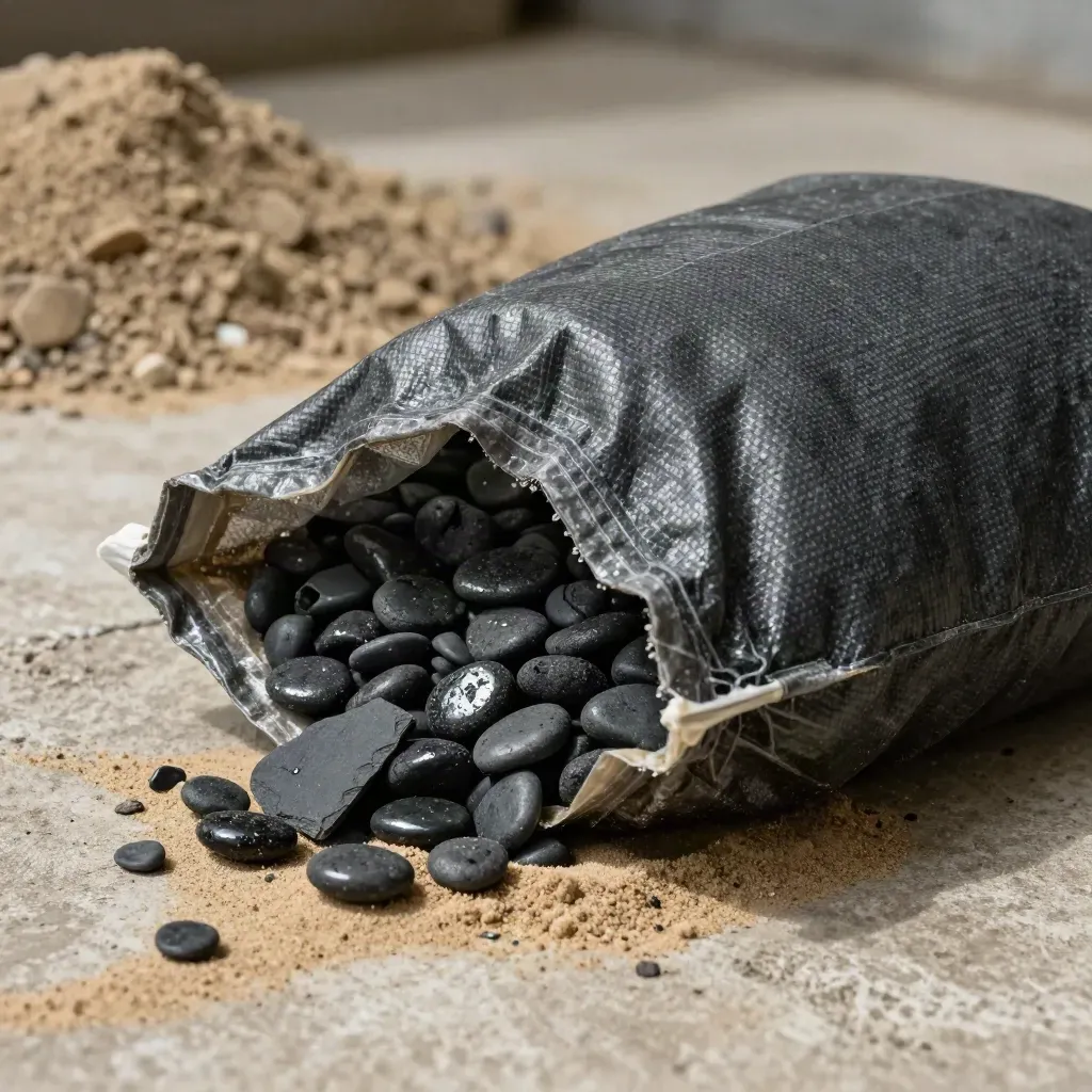 Beg kerikil hitam 10kg dengan batu basah berkilat, serpihan batu sabak dan pasir lembap.
