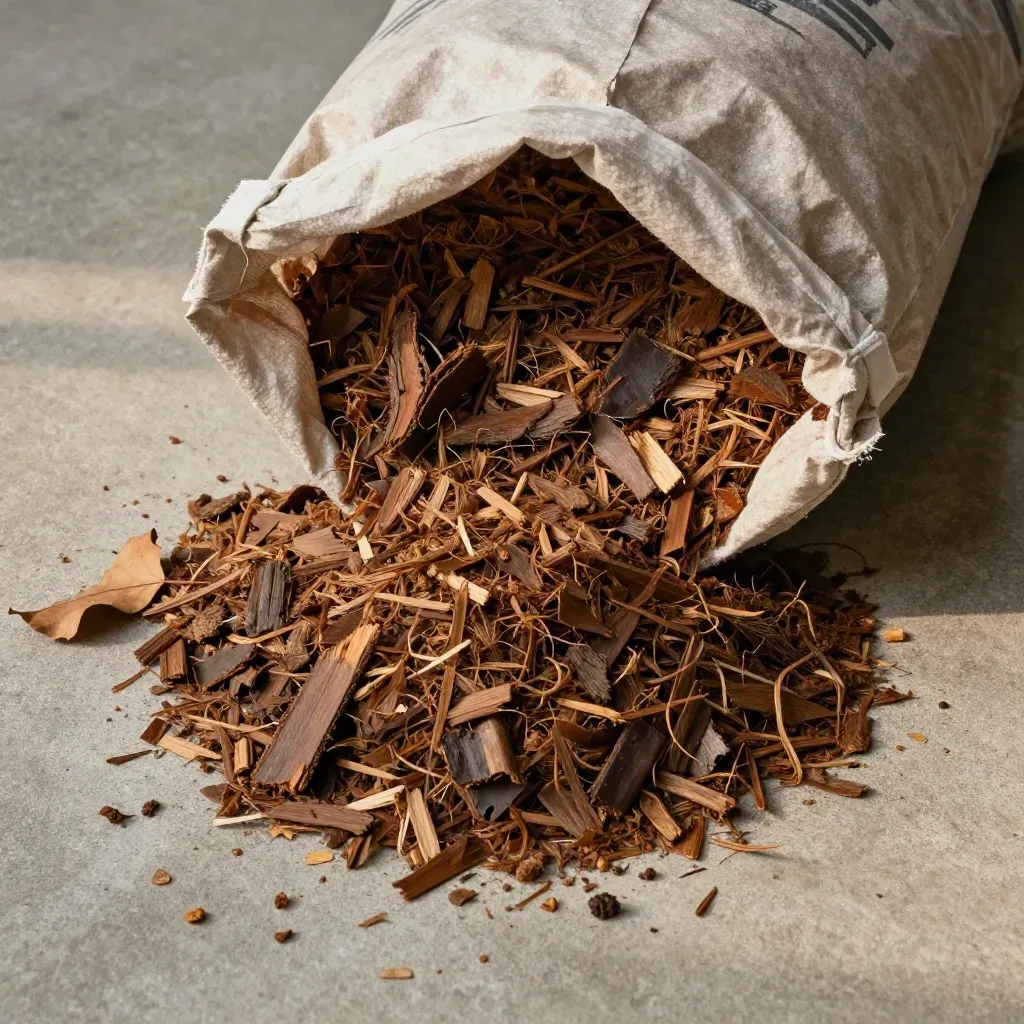 Flat lay beg mulsa kayu coklat dengan serpihan kulit kayu, daun kering dan kain neutral di atas konkrit.