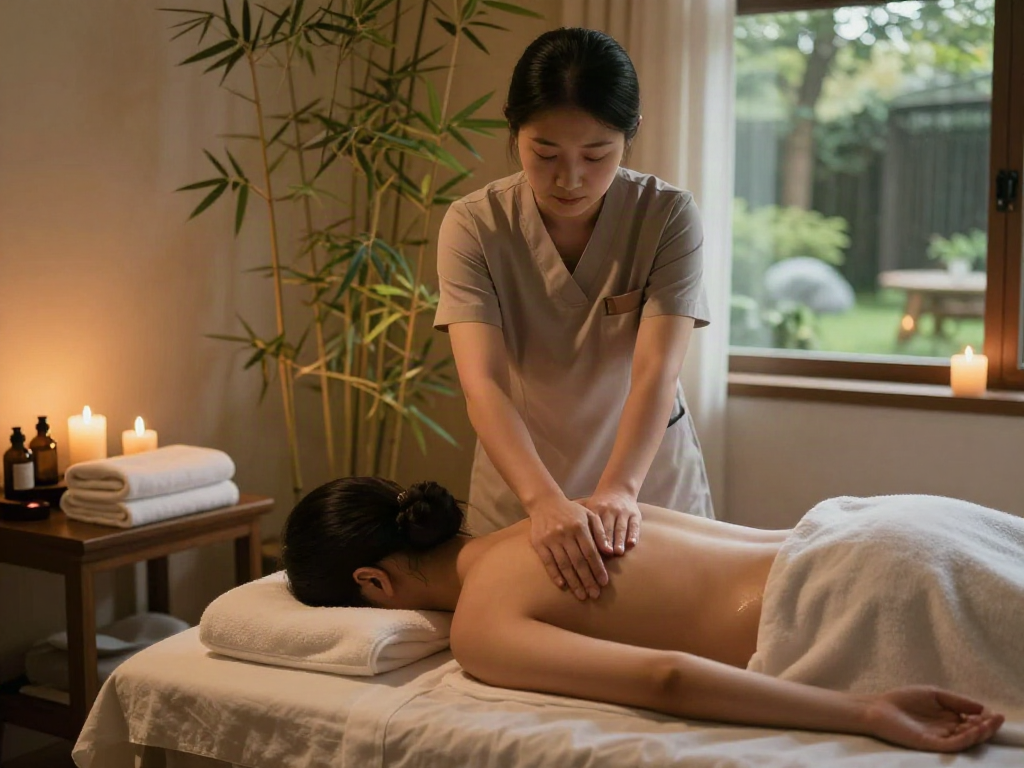 은평구출장안마 relaxing massage therapy in a serene spa environment with soft lighting and calming elements.