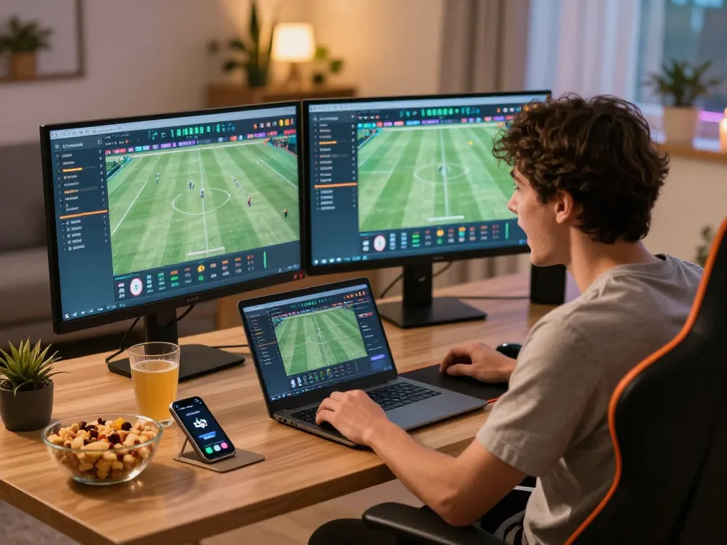 Person analyzing keo nha cai sports bets on dual monitors, showcasing excitement and strategy