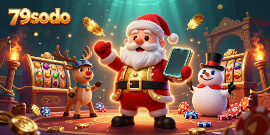 Win big with 79sodo in this vibrant casino scene featuring Santa, a reindeer dealer, and a poker chip snowman.