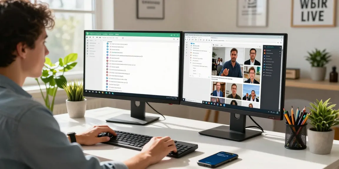 Engaged user utilizing WhatsApp電腦版 on dual monitors in a modern home office.