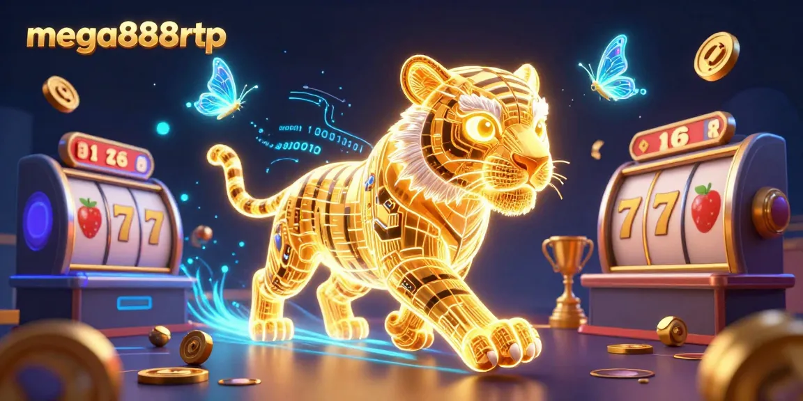 Experience thrills with mega888rtp's dynamic scene featuring a golden tiger and vibrant slot game elements.