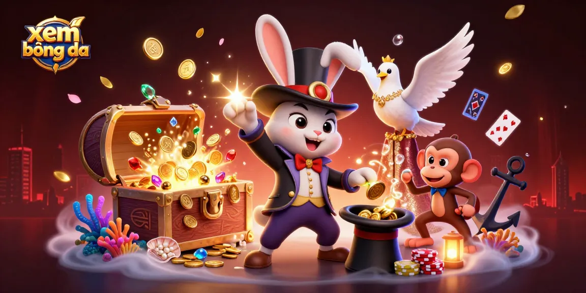 Experience xem bóng đá action with a magician rabbit pulling coins in this vibrant casino illustration.
