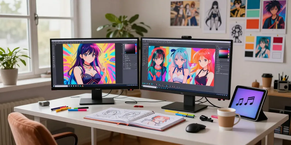 Creating stunning ai ecchi art in a vibrant studio with dual screens and creative tools