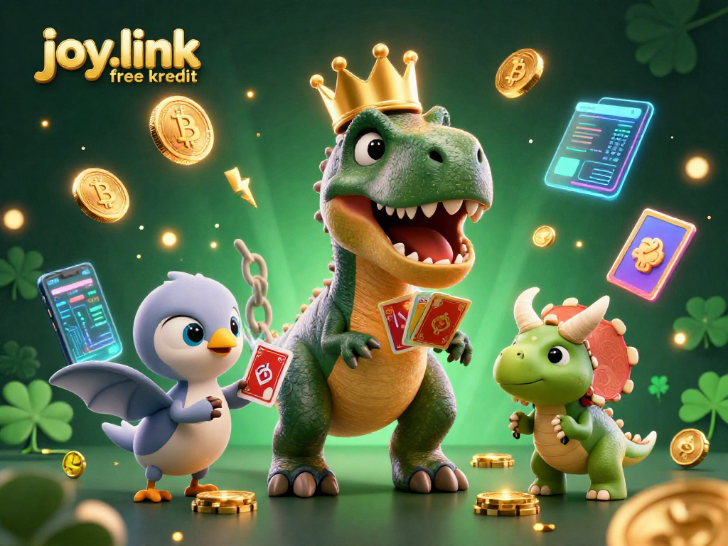 Join the fun with joy.link free kredit in this vibrant casino-themed illustration featuring playful dinosaurs.