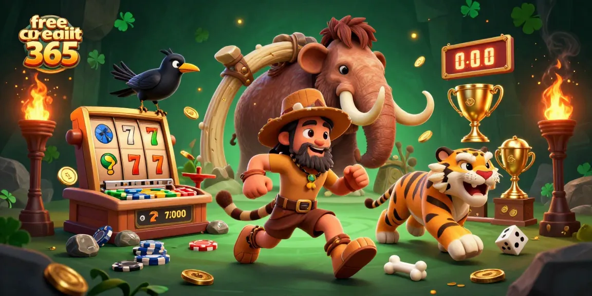Experience thrilling gaming with free credit 365, featuring a playful duo at a vibrant prehistoric casino