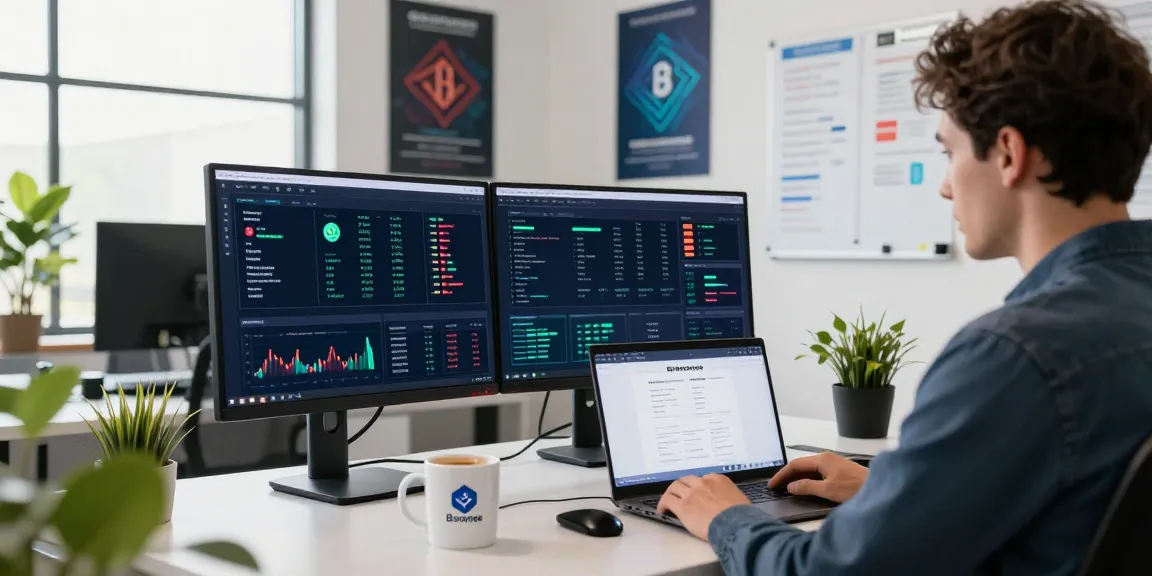 Bungeeexchange digital finance workspace with monitors displaying blockchain data, capturing a modern tech-savvy environment.
