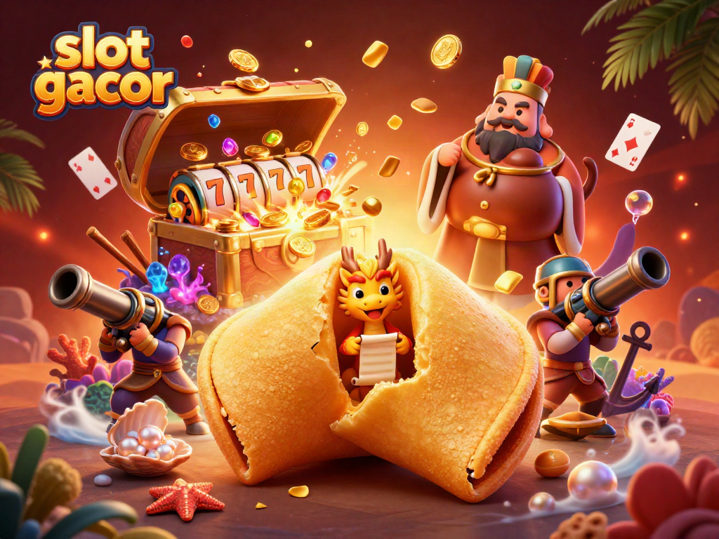 Engage with slot gacor through a vibrant 3D illustration of a golden fortune cookie and dynamic casino elements.