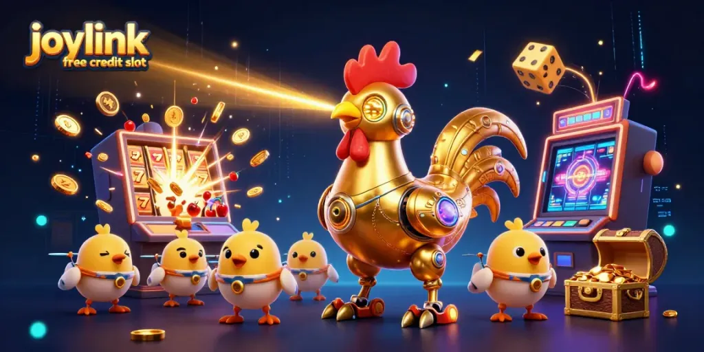 Win big with the joylink free credit slot in this vibrant casino scene featuring a dynamic robot!