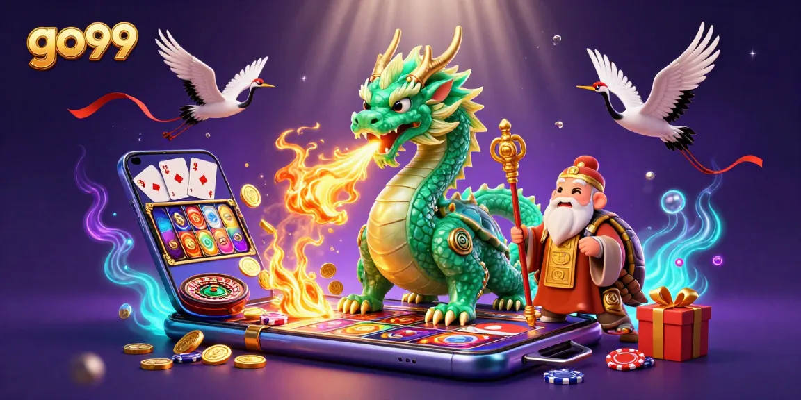 Experience go99's thrill with a magical dragon and vibrant gaming elements in a dynamic casino scene.