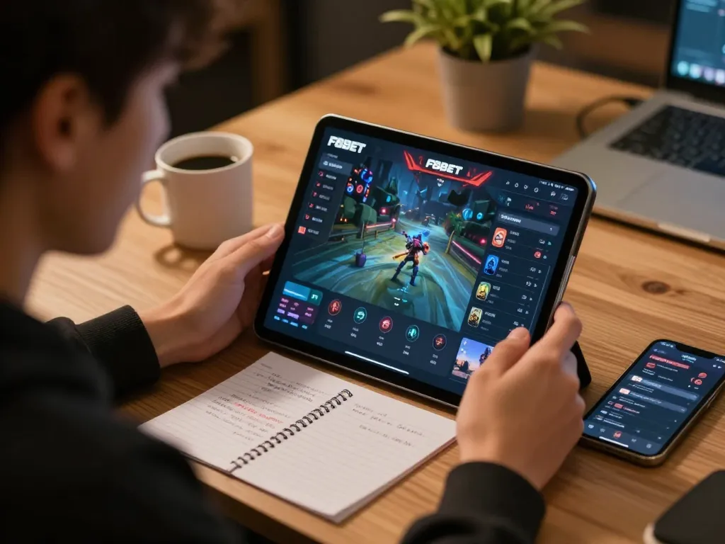 Engaging player analyzing F8BET LV gameplay on tablet with strategic notes visible