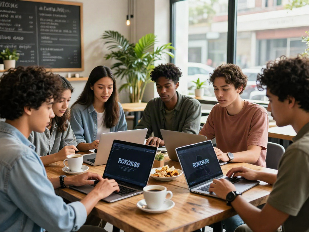 Friends exploring ROKOK88 platform features in a vibrant café.