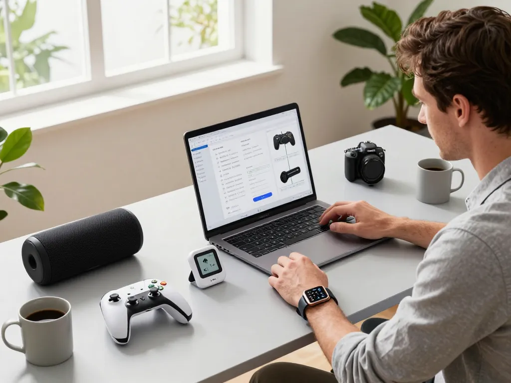 The best tech gadgets for men displayed in a modern workspace, showcasing Bluetooth devices like a gaming controller and smart watch.