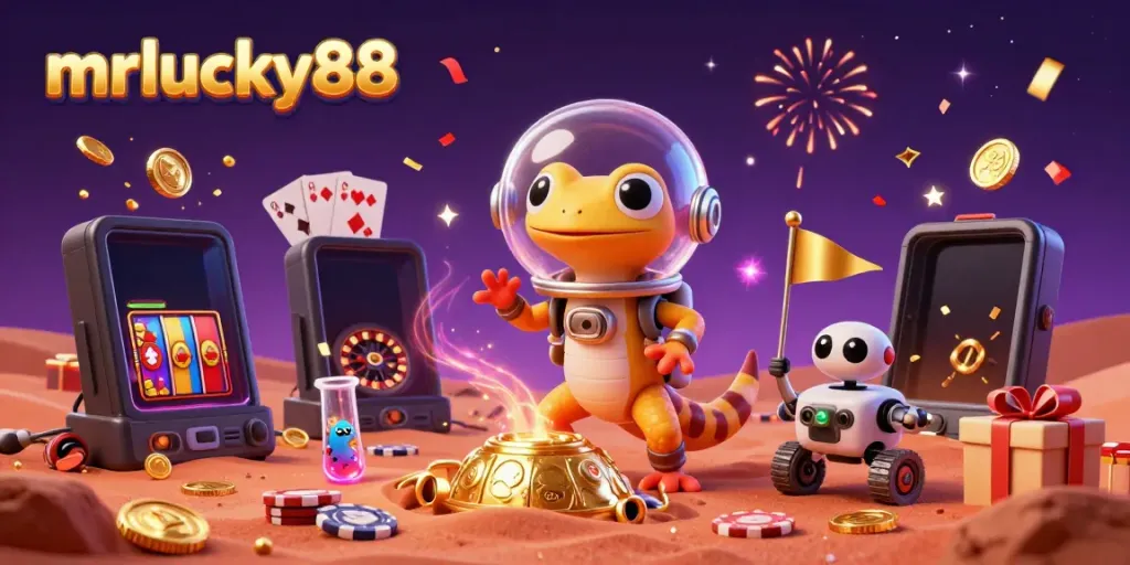 Experience the excitement of mrlucky88 with a Martian gecko discovering a gold casino among vibrant gaming elements.
