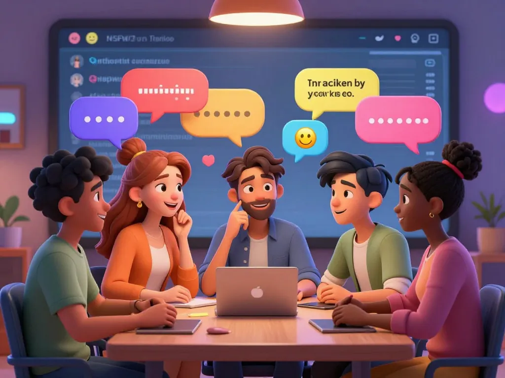 AI chat nsfw characters interacting in a lively digital chat room.