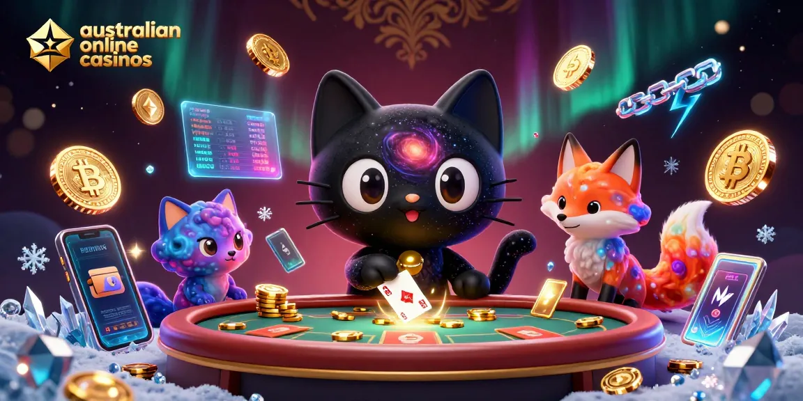 Engage with modern australian online casinos featuring a vibrant cosmic scene with characters and crypto elements.