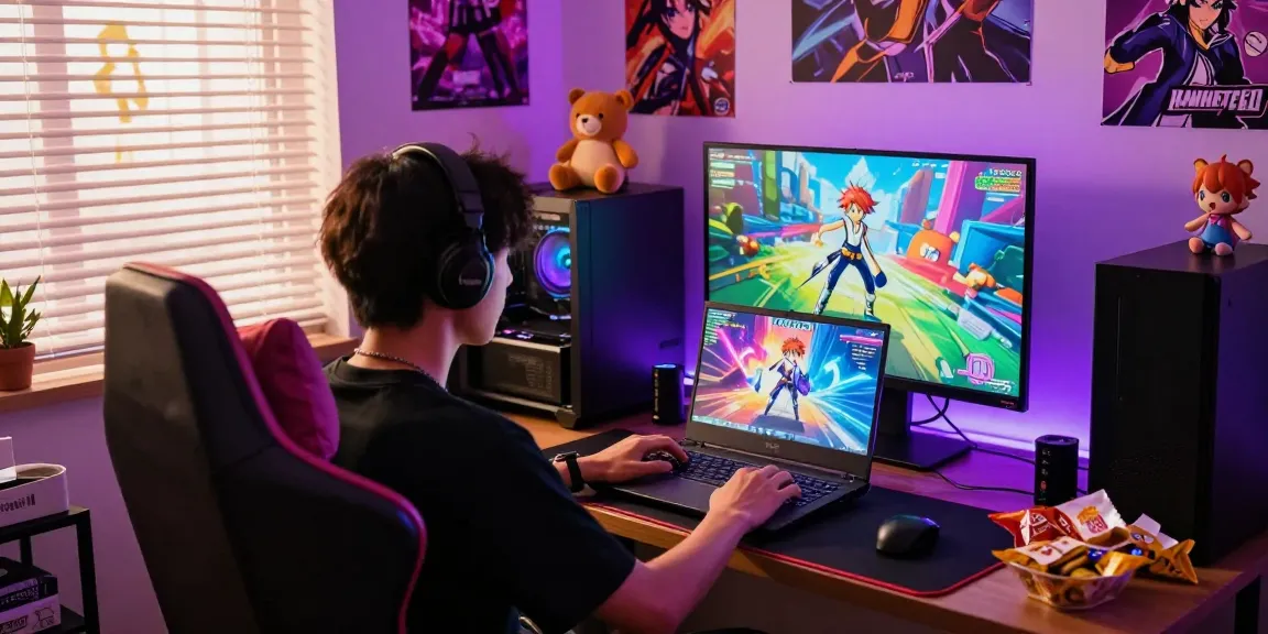 Engaging player enjoying an ecchi game in a cozy gaming setup with colorful lighting.