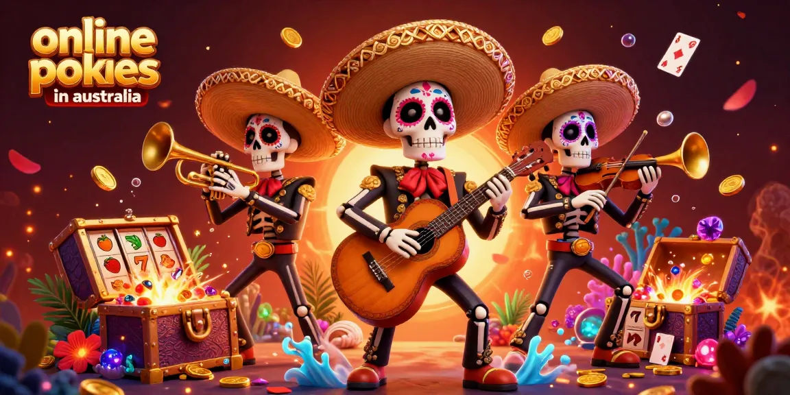 Experience online pokies in Australia with a vibrant mariachi band amidst dynamic slot reels and ocean treasures.