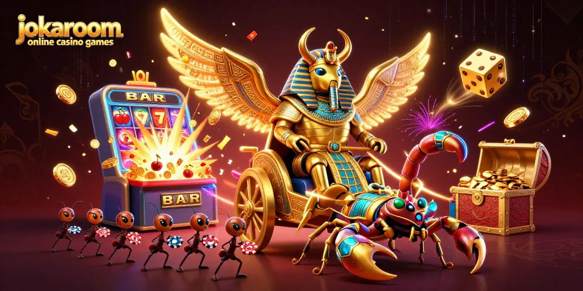 Engage with jokaroom online casino games amid a vibrant 3D carnival of slot machines and dynamic characters.