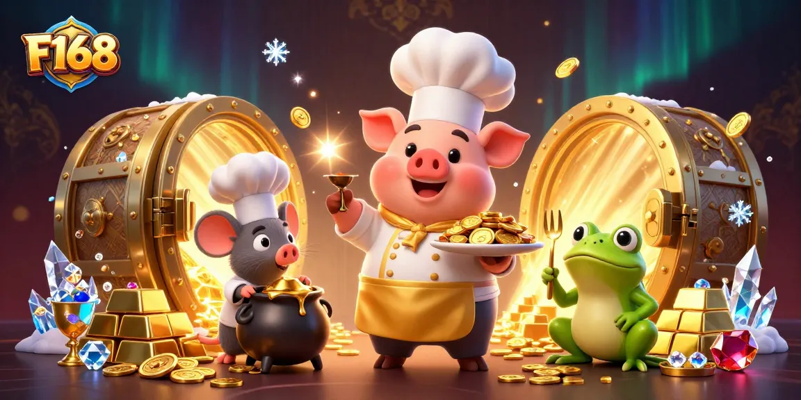 F168's vibrant scene showcases a chef pig serving gold coins, highlighting the excitement of gambling.