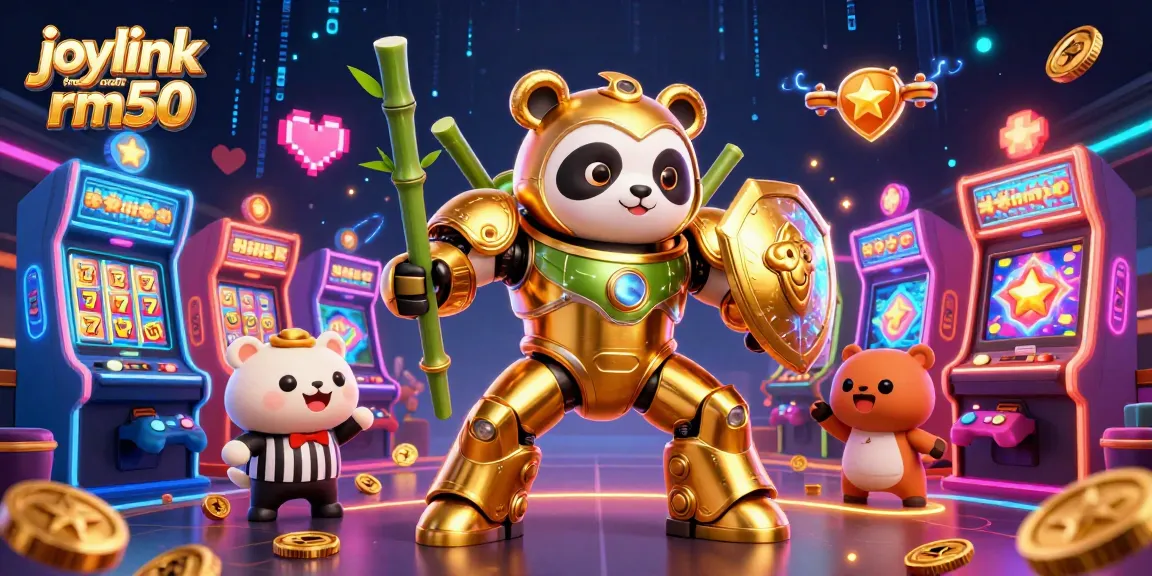 Engaging scene showcasing joylink free credit rm50 with golden panda in mech-suit at lively slot machines.